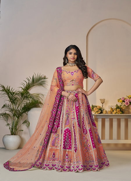Kf-484-Orange Banarasi Silk Embroidered Lehenga Choli Suppliers In India